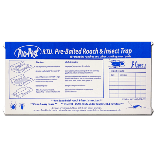 Under side of Pro-Pest Roach and Insect Trap features instructions and record keeping chart.